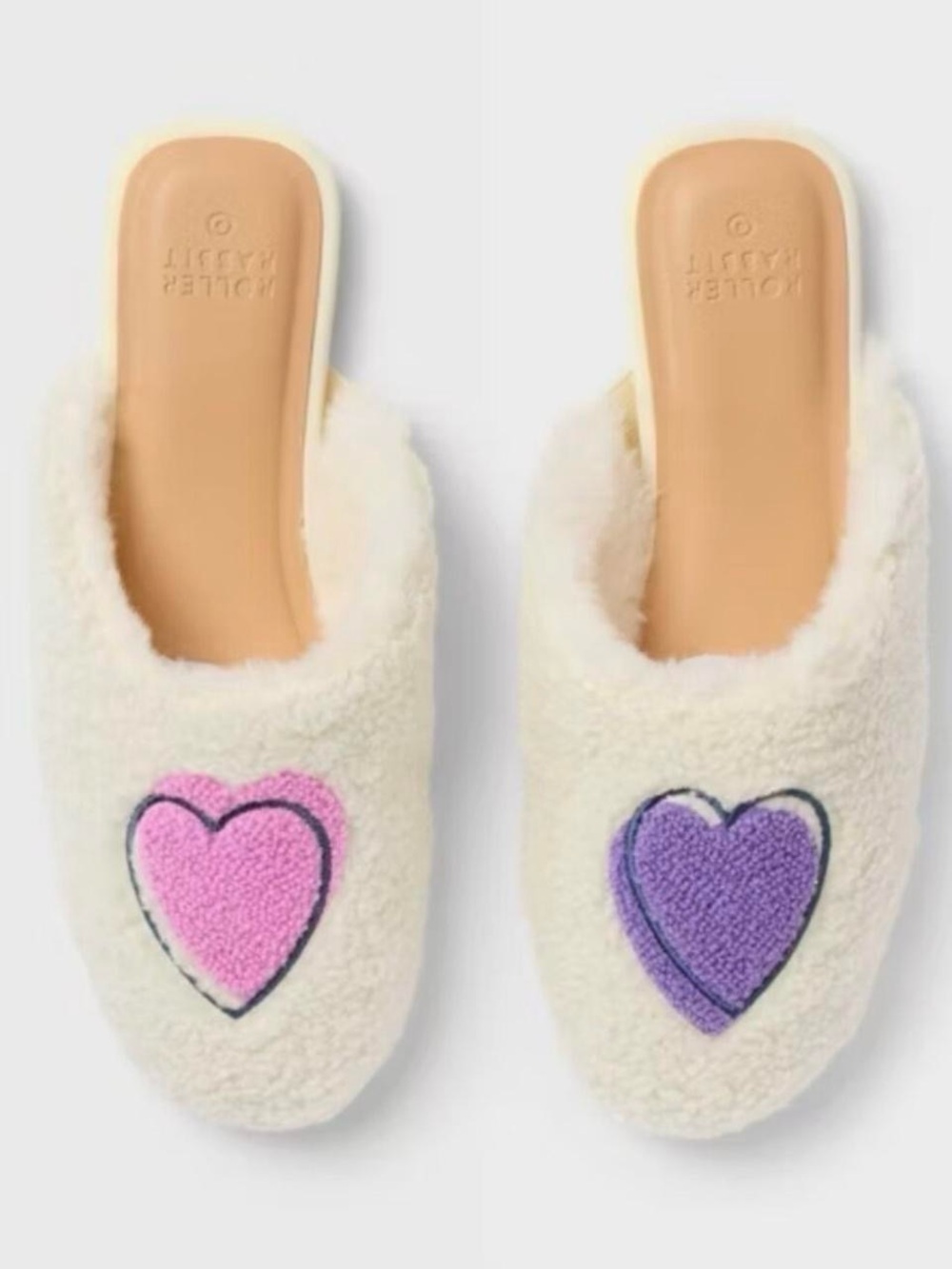Roller Rabbit Heart Shearling Slide Slippers - Cream with Pink & Purple Hearts 9